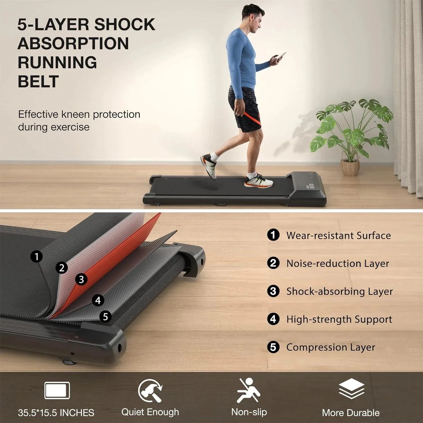 2In1 Walking Pad Treadmill Portable for Home&Office under Desk 15.35*31.5In Belt Treadmill with Max 250Lbs Quiet 45Db Treadmill