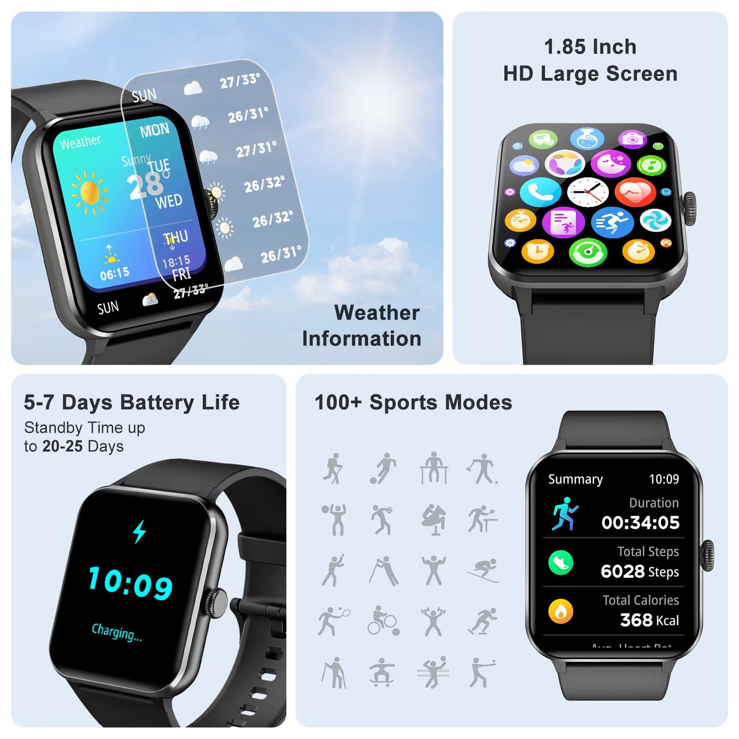 New Waterproof Smart Watch for Women Men 1.85'' HD Screen Bluetooth Fitness&Health Monitoing Smartwatch for Android IOS